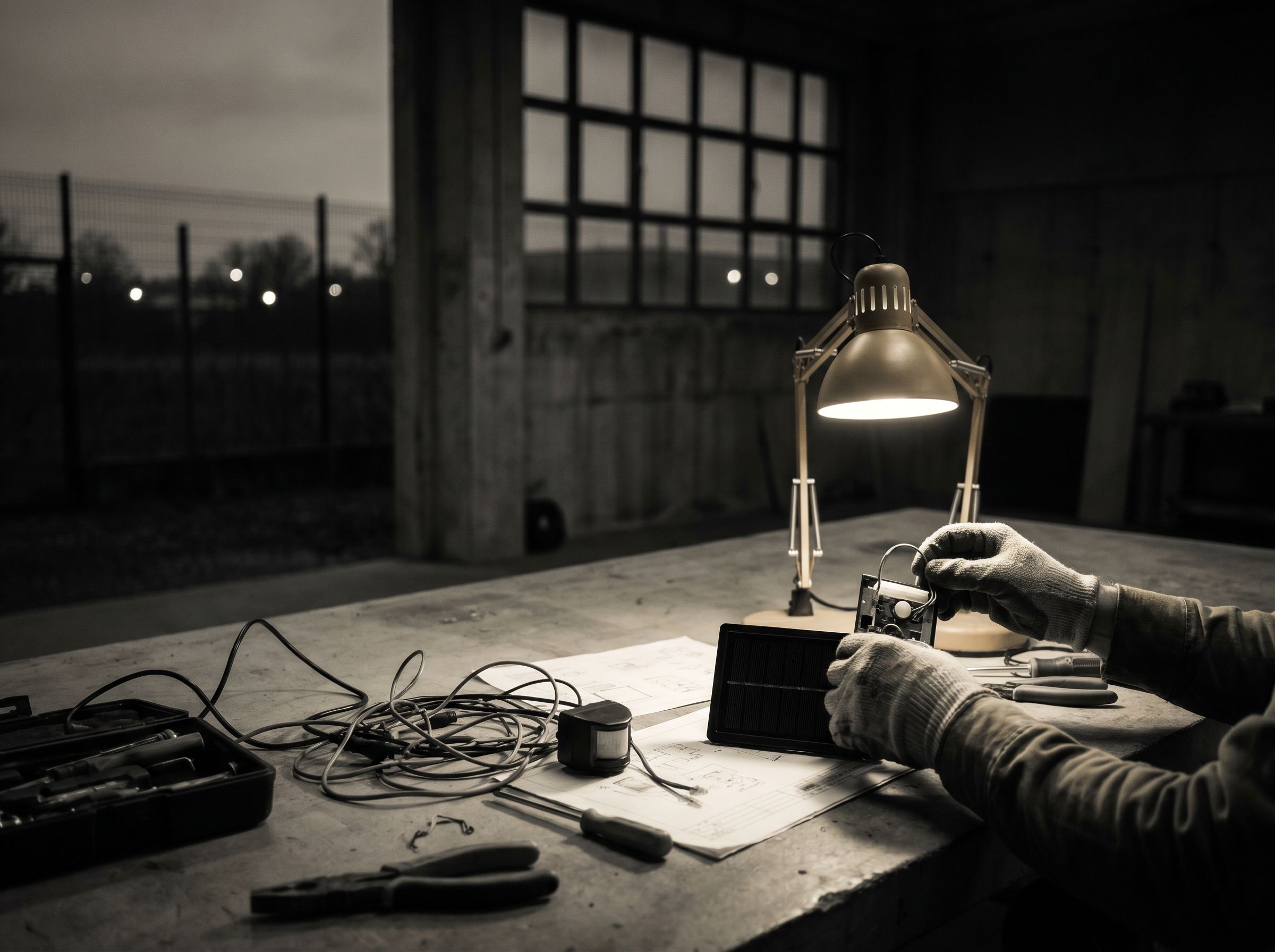 Atelier — mains travaillant sur un câblage de détecteur.